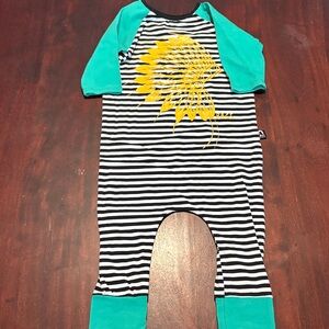 Rags to Raches Teal and Black Striped romper.